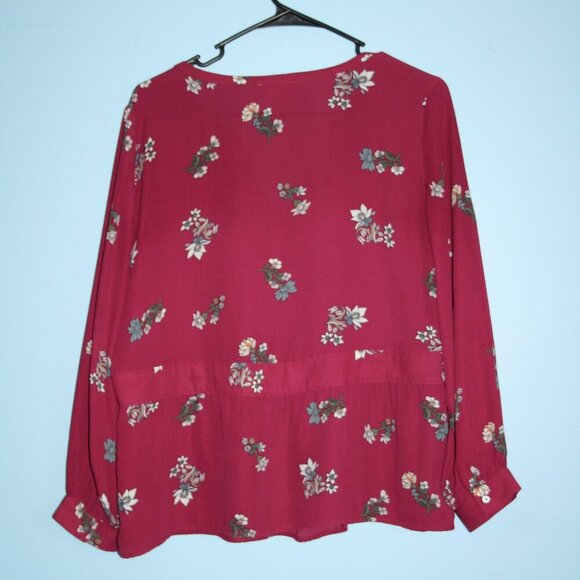 LOFT Outlet Small Women's V-Neck Button Sleeve Maroon Floral Top - Picture 9 of 16